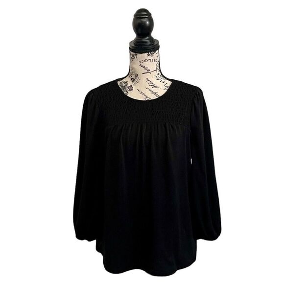 Adrianna Papell Black Smocked Crepe Blouse M – Goth Grunge Boho Dark Feminine - Picture 2 of 11